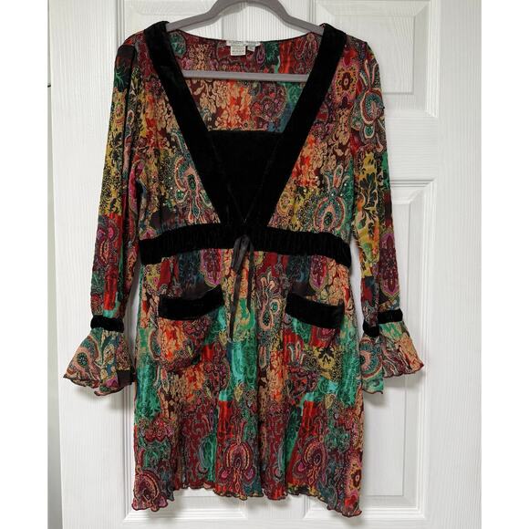 Alberto Makali Women's Floral Velvet Sequin Pockets Bell Sleeve Tunic Top XL - Picture 1 of 14